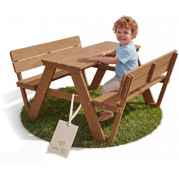 roba® Garten-Kindersitzgruppe Outdoor+, mit 2 Bänken, 1 Tisch "Picknick for 4", aus Massivholz, wetterfest