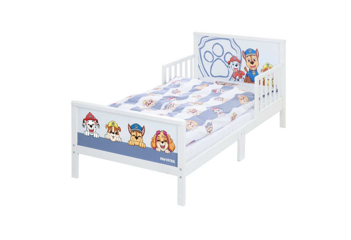 roba® Kinderbett Paw Patrol, Themenbett inkl. Bettwäsche & Lattenrost, Montessori Kleinderkinderbett aus Holz - Weiß / Blau – Bild 3 von 5