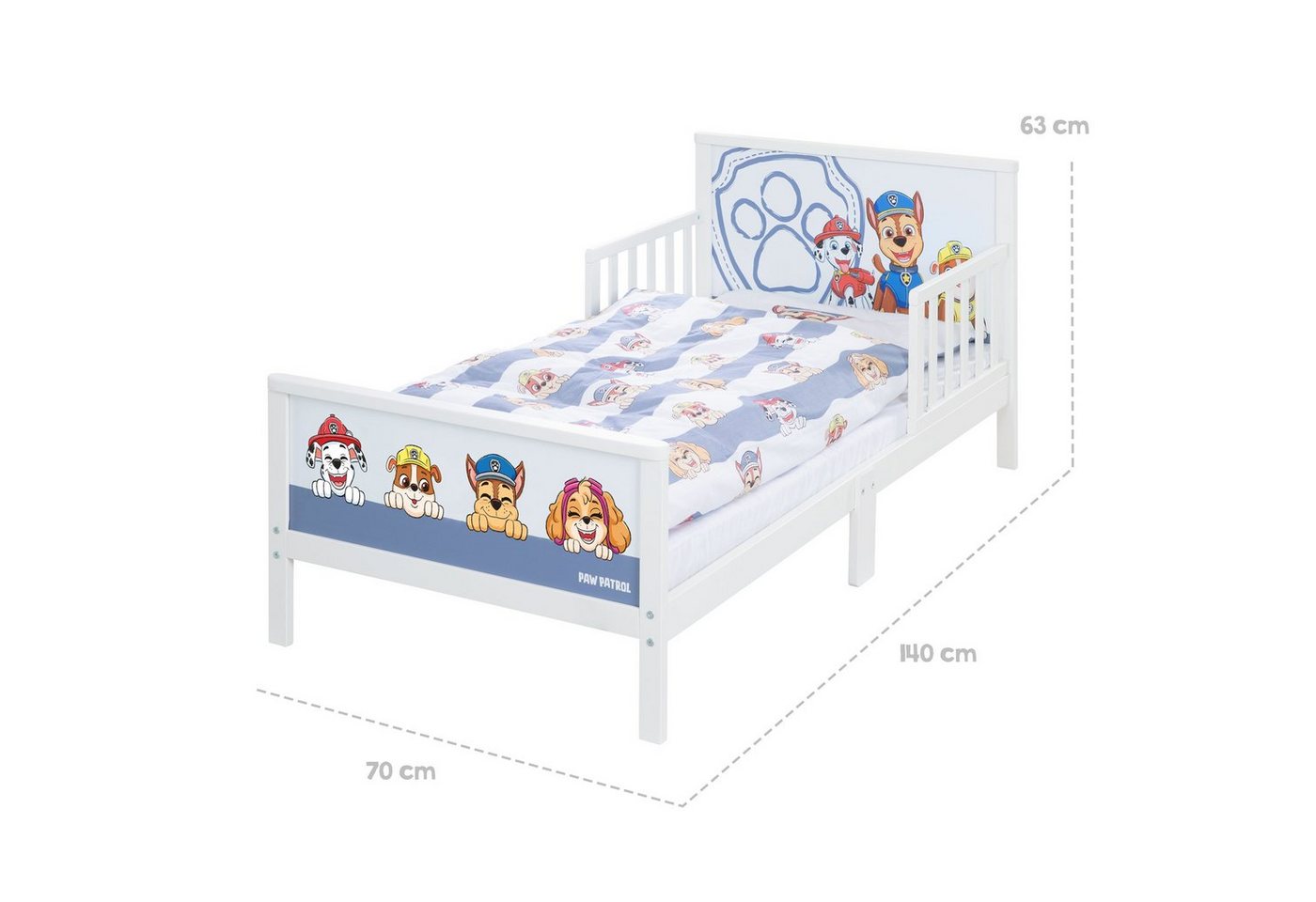roba® Kinderbett Paw Patrol, Themenbett inkl. Bettwäsche & Lattenrost, Montessori Kleinderkinderbett aus Holz - Weiß / Blau – Bild 4 von 5