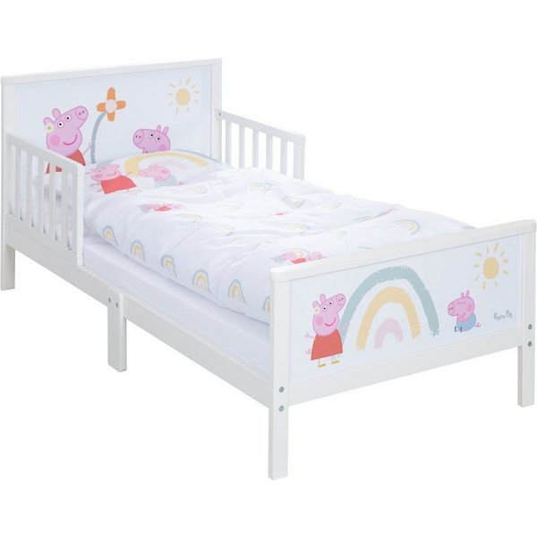 roba® Kinderbett Peppa Pig, Themenbett inkl. Bettwäsche & Lattenrost, Montessori Kleinkinderbett aus Holz - Weiß / Rosa