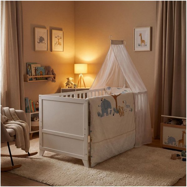 roba® Komplettbett Savanna Friends oder Woodland Buddies 70x140 cm - niedliche Designs, mit Bettwäsche, Himmel & Matratze - Mitwachsendes Babybett - Naturgrau