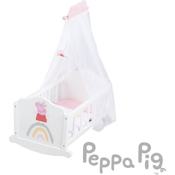 roba® Puppenwiege Peppa Pig, Puppenbett mit Kissen, Decke & Himmel, Puppenmöbel weiß / rosa lackiert aus Holz