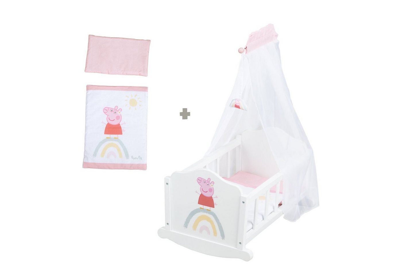 roba® Puppenwiege Peppa Pig, Puppenbett mit Kissen, Decke & Himmel, Puppenmöbel weiß / rosa lackiert aus Holz – Bild 3 von 5