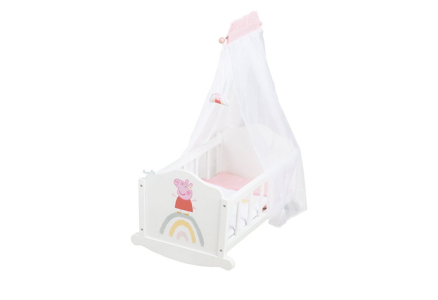 roba® Puppenwiege Peppa Pig, Puppenbett mit Kissen, Decke & Himmel, Puppenmöbel weiß / rosa lackiert aus Holz – Bild 5 von 5