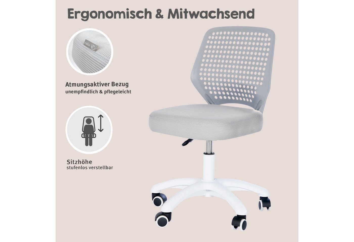 roba® Schreibtischstuhl Smart Grow Basic - Bürostuhl Kinder - Ergonomischer Drehstuhl (Stufenlos Höhenverstellbar), stabiles Gestell aus Metall - ab 3 Jahren -  – Bild 3 von 5