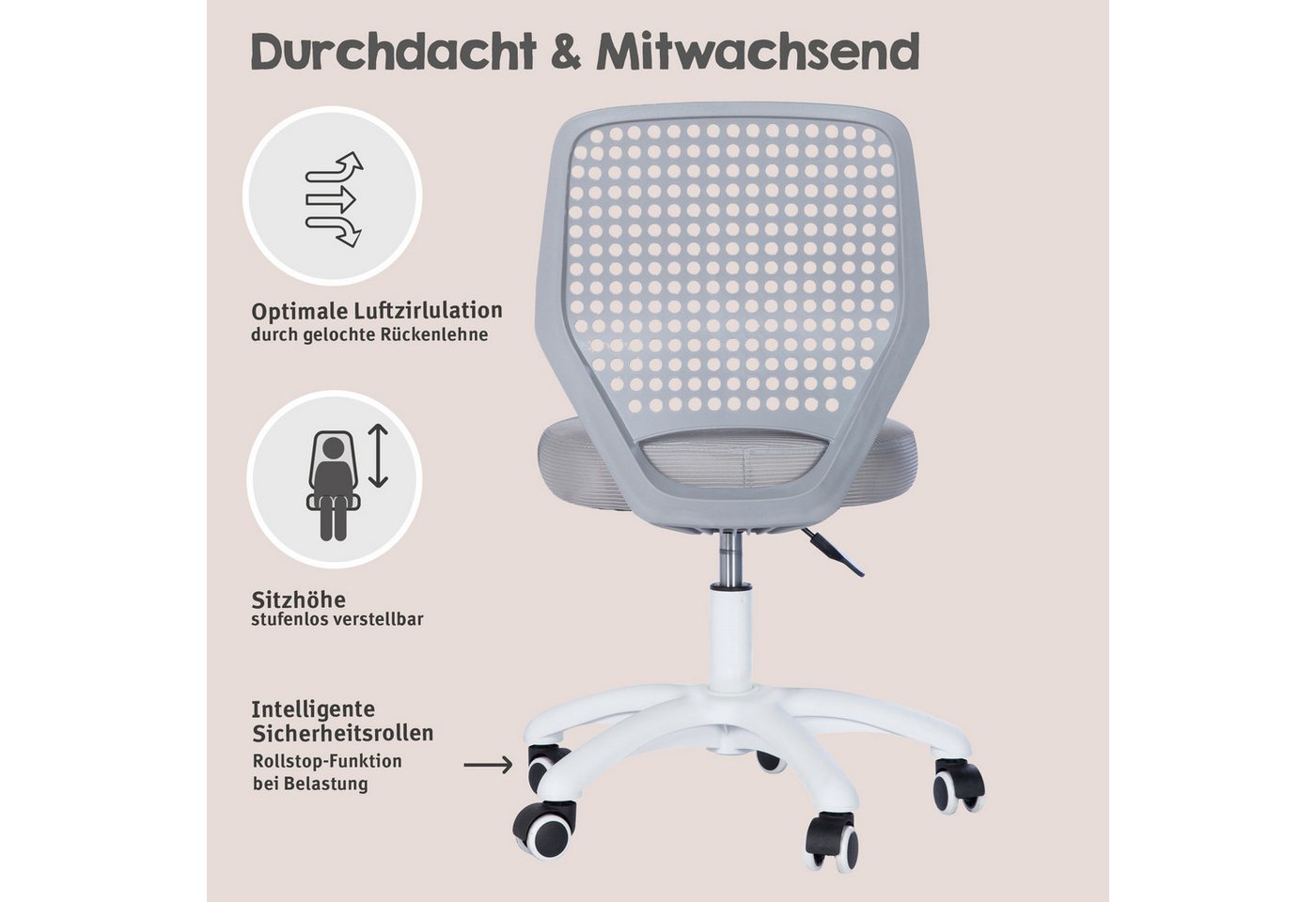 roba® Schreibtischstuhl Smart Grow Basic - Bürostuhl Kinder - Ergonomischer Drehstuhl (Stufenlos Höhenverstellbar), stabiles Gestell aus Metall - ab 3 Jahren -  – Bild 4 von 5