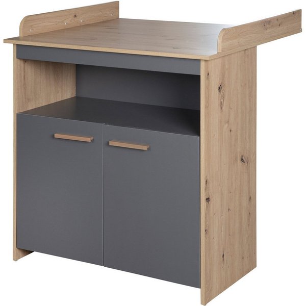 roba® Wickelkommode Anna - aus Holz - in Anthrazit mit Dekor Kent Eiche - moderne Optik, Wickeltisch 2-türig mit abnehmbarem Aufsatz - Offenes Fach & 2 Türen