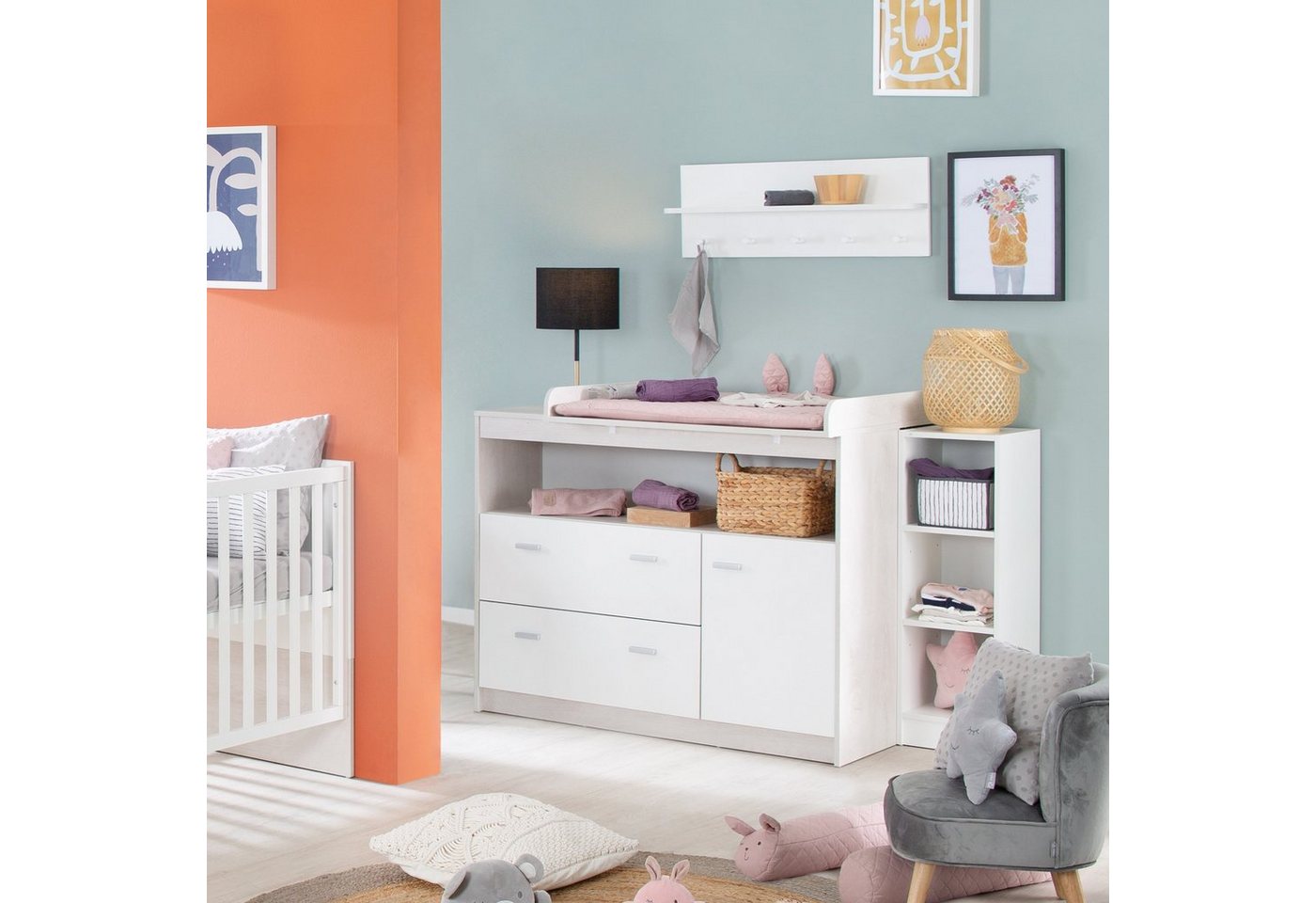 roba® Wickelkommode Julia in Weiß / Dekor, Wickeltisch mit 2 Schubladen & Tür - Offenes Fach – Bild 2 von 5
