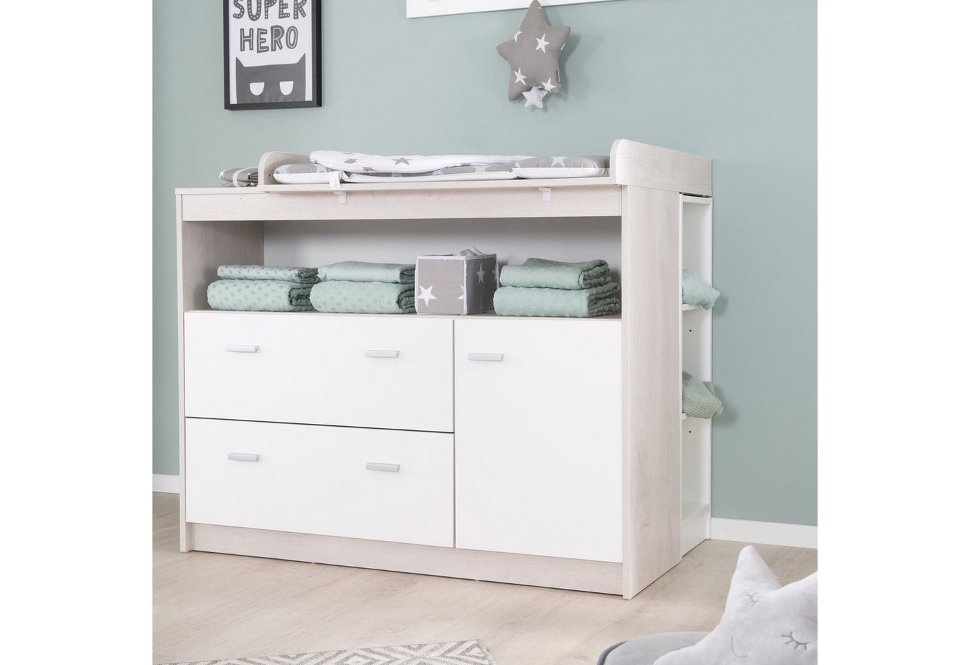 roba® Wickelkommode Julia in Weiß / Dekor, Wickeltisch mit 2 Schubladen & Tür - Offenes Fach – Bild 3 von 5