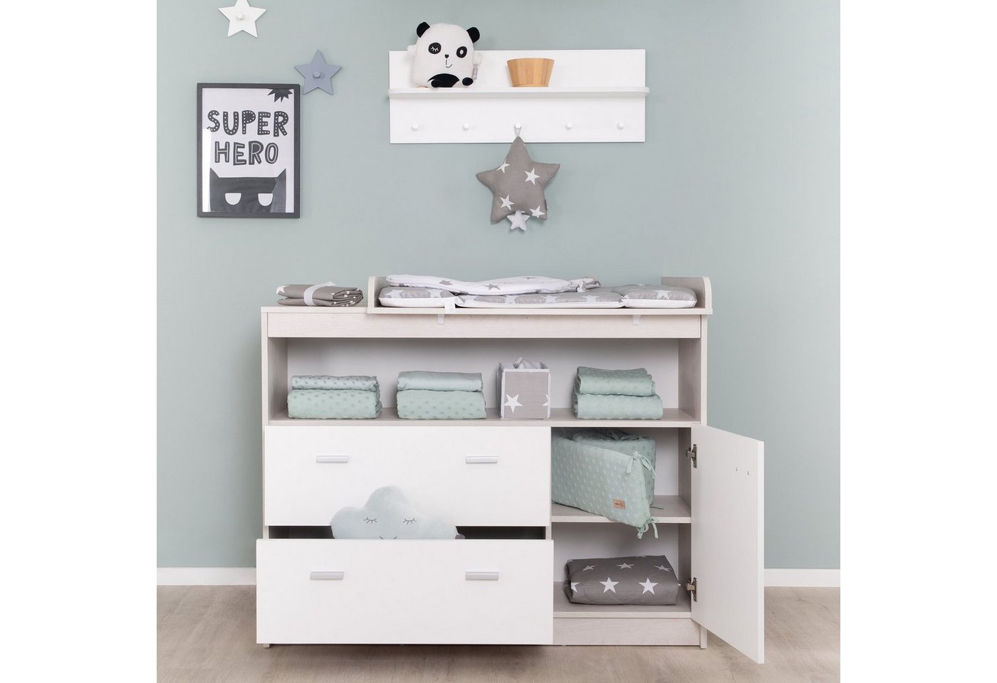roba® Wickelkommode Julia in Weiß / Dekor, Wickeltisch mit 2 Schubladen & Tür - Offenes Fach – Bild 4 von 5