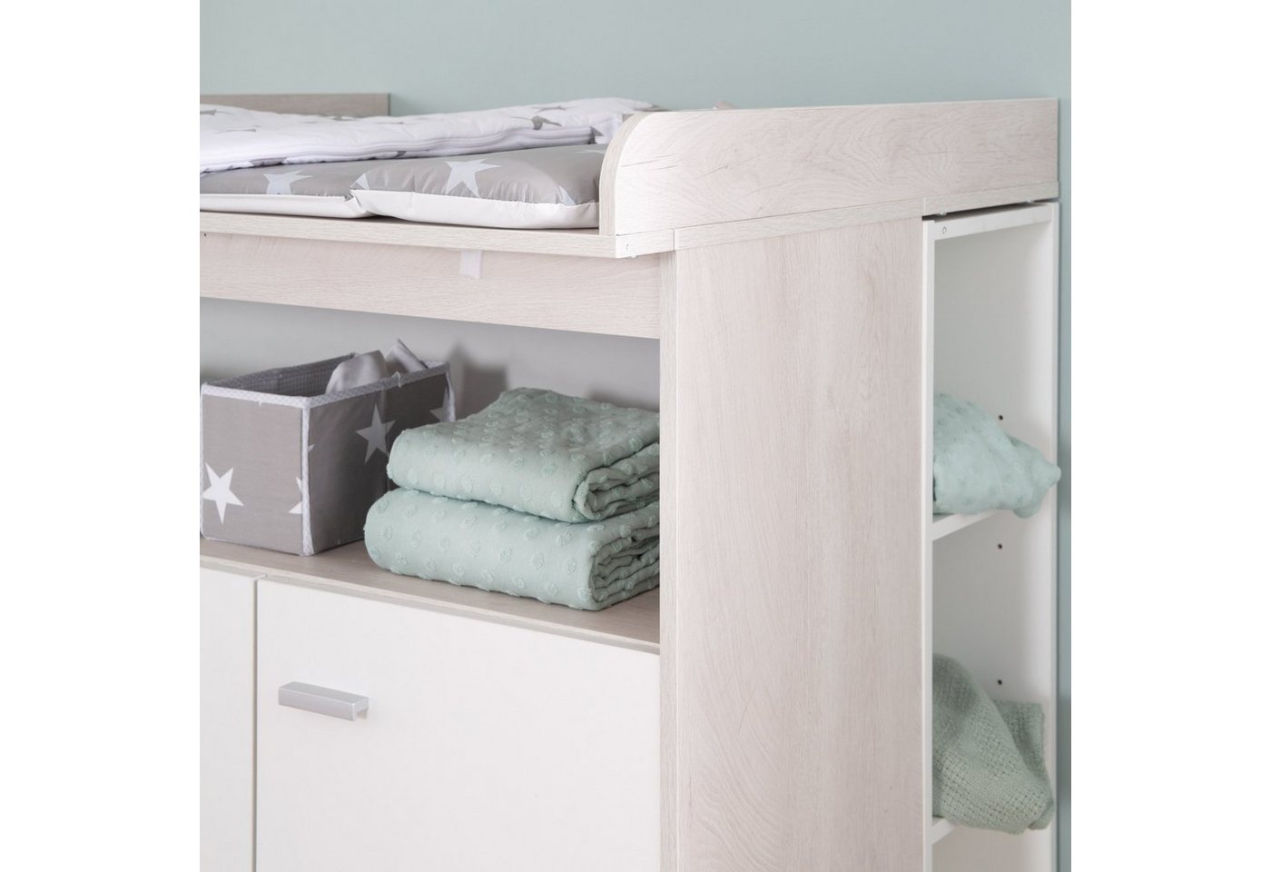 roba® Wickelkommode Julia in Weiß / Dekor, Wickeltisch mit 2 Schubladen & Tür - Offenes Fach – Bild 5 von 5