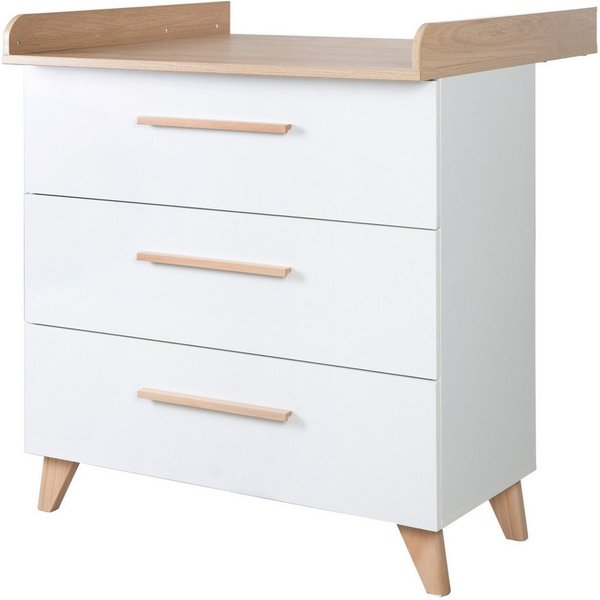 roba® Wickelkommode Leon - aus Holz - in Weiß mit Dekor Othello Eiche - 3 Schubladen, mit Vollauszug - Füße & Griffe aus Massivholz