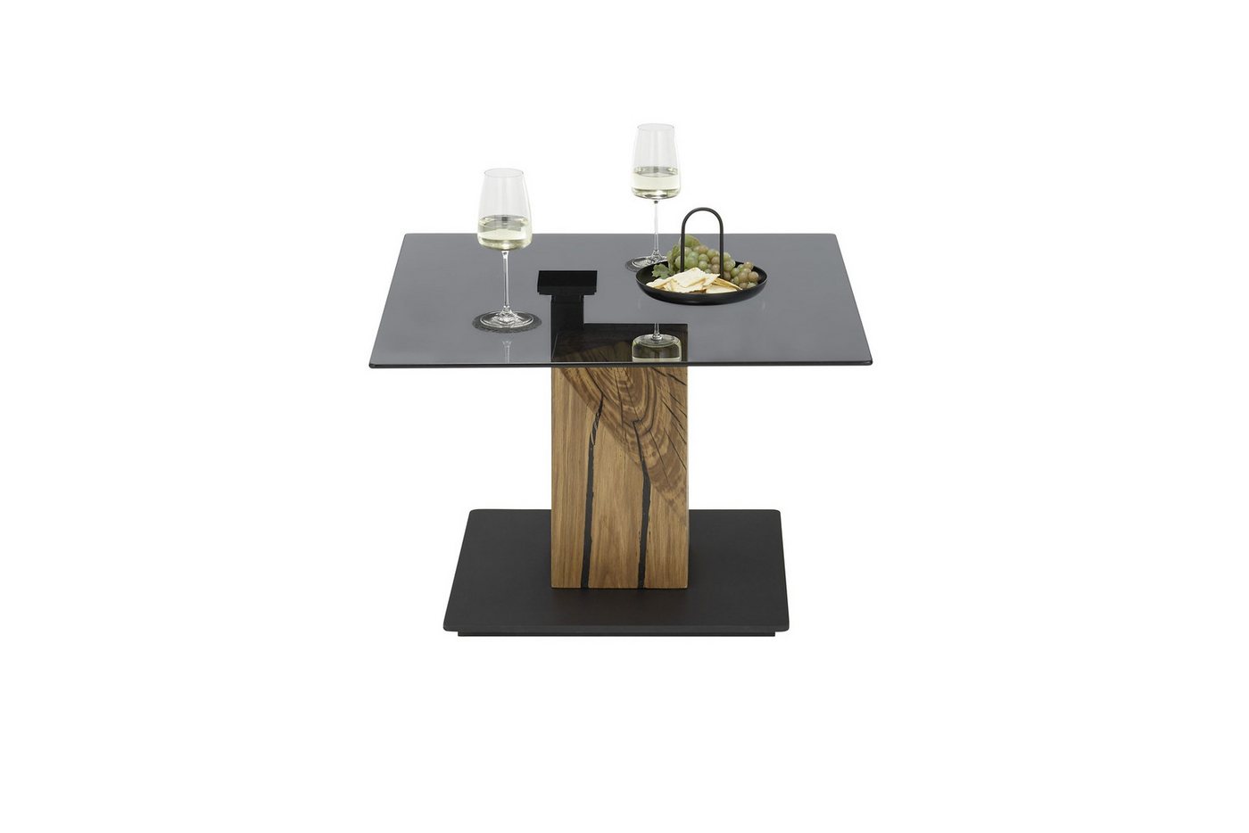 Robas Lund Couchtisch BALSTA, Weichboden-Rollen, Lift-Funktion, Schwarz m. grauer Glasplatte & Eichenblock B/H/T 70x45x70 cm – Bild 4 von 5