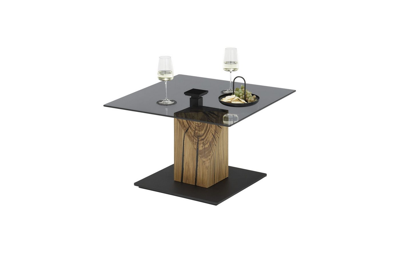 Robas Lund Couchtisch BALSTA, Weichboden-Rollen, Lift-Funktion, Schwarz m. grauer Glasplatte & Eichenblock B/H/T 70x45x70 cm – Bild 5 von 5