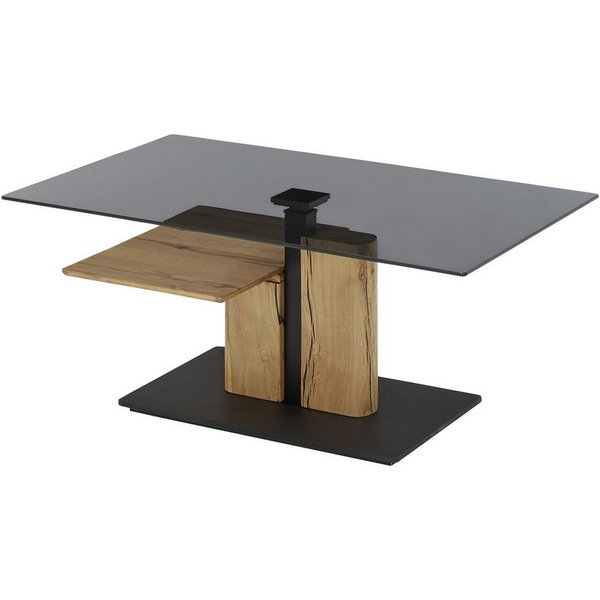 Robas Lund Couchtisch DELMAS, mit Weichboden-Rollen, Liftfunktion, aus Glas grau, Block Eiche massiv geölt, 105x45x65 cm