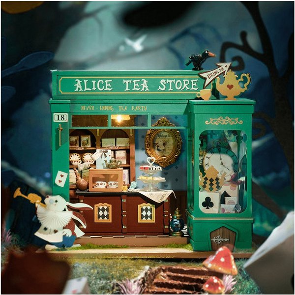 Robotime 3D-Puzzle Alice's Tea Store Miniaturhaus Teeladen aus Holz, 136 Puzzleteile, mit LED-Beleuchtung