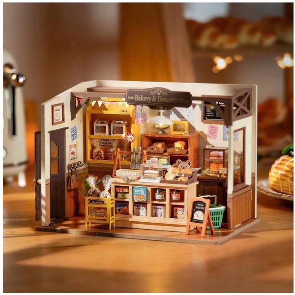 Robotime 3D-Puzzle Becka’s Baking House Bäckerei aus Holz, 141 Puzzleteile, mit LED-Beleuchtung
