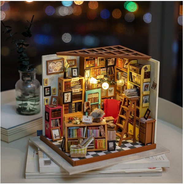 Robotime 3D-Puzzle Sam's Study Arbeitszimmer Miniaturhaus aus Holz, 253 Puzzleteile, mit LED-Beleuchtung