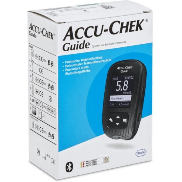 Roche Blutzuckermessgerät Accu-Chek Guide mmol oder mgdl, Starterset, Diabetesüberwachung, mit Bluetooth und App, Großes beleuchtetes Display, Integrierter Ausw