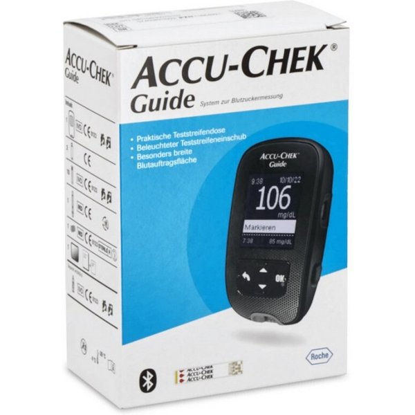 Roche Blutzuckermessgerät Accu-Chek Guide mmol oder mgdl, Starterset, Diabetesüberwachung, mit Bluetooth und App, Großes beleuchtetes Display, Integrierter Ausw