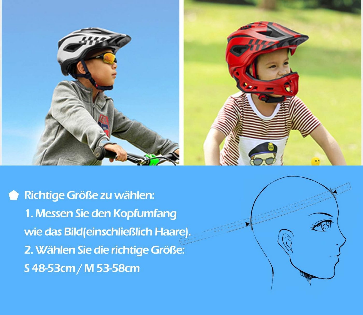 ROCKBROS Fahrradhelm Kinderhelm, Fullface Helm, S 48-53cm M 53-58cm (1-tlg), Abnehmbarem Kinnschutz, BMX MTB Downhill Helm – Bild 4 von 5