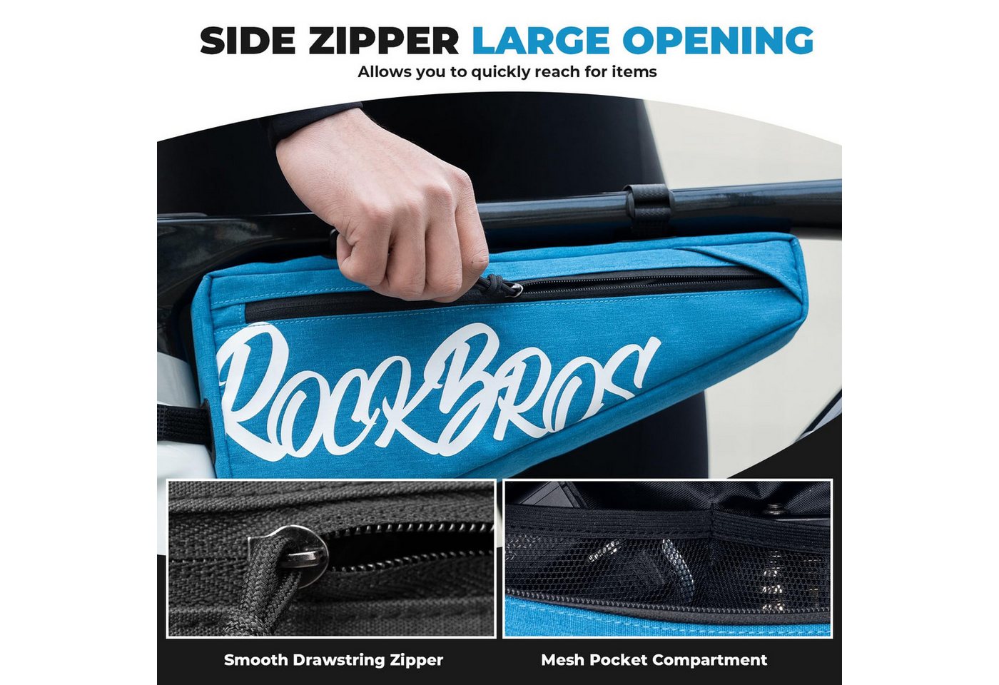ROCKBROS Rahmentasche Rahmentasche 1,9 L Oberrohrtasche, schlankes Design, seitlicher Reißverschluss, Klettverschluss – Bild 4 von 5