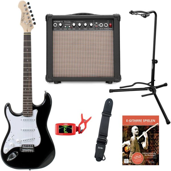 Rocktile E-Gitarre Pro ST3-L linkshänder elektrische Gitarre, ST-Sytle, Spar-Set, inkl. Verstärker, Gitarrenständer, Schule, Stimmgerät und Gurt