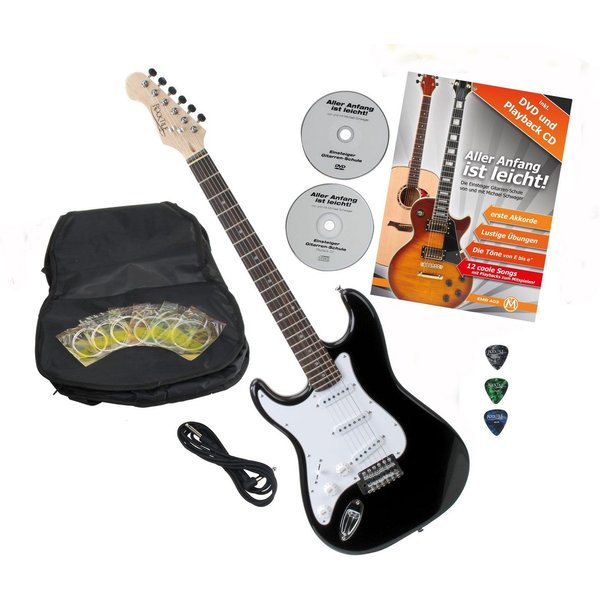 Rocktile E-Gitarre Pro ST3 Linkshänder elektrische Gitarre, ST-Sytle, Spar-Set, inkl. Gigbag, Kabel, Plektren, Schule & Saiten, Lefty Gitarre - 3 Single Coil To