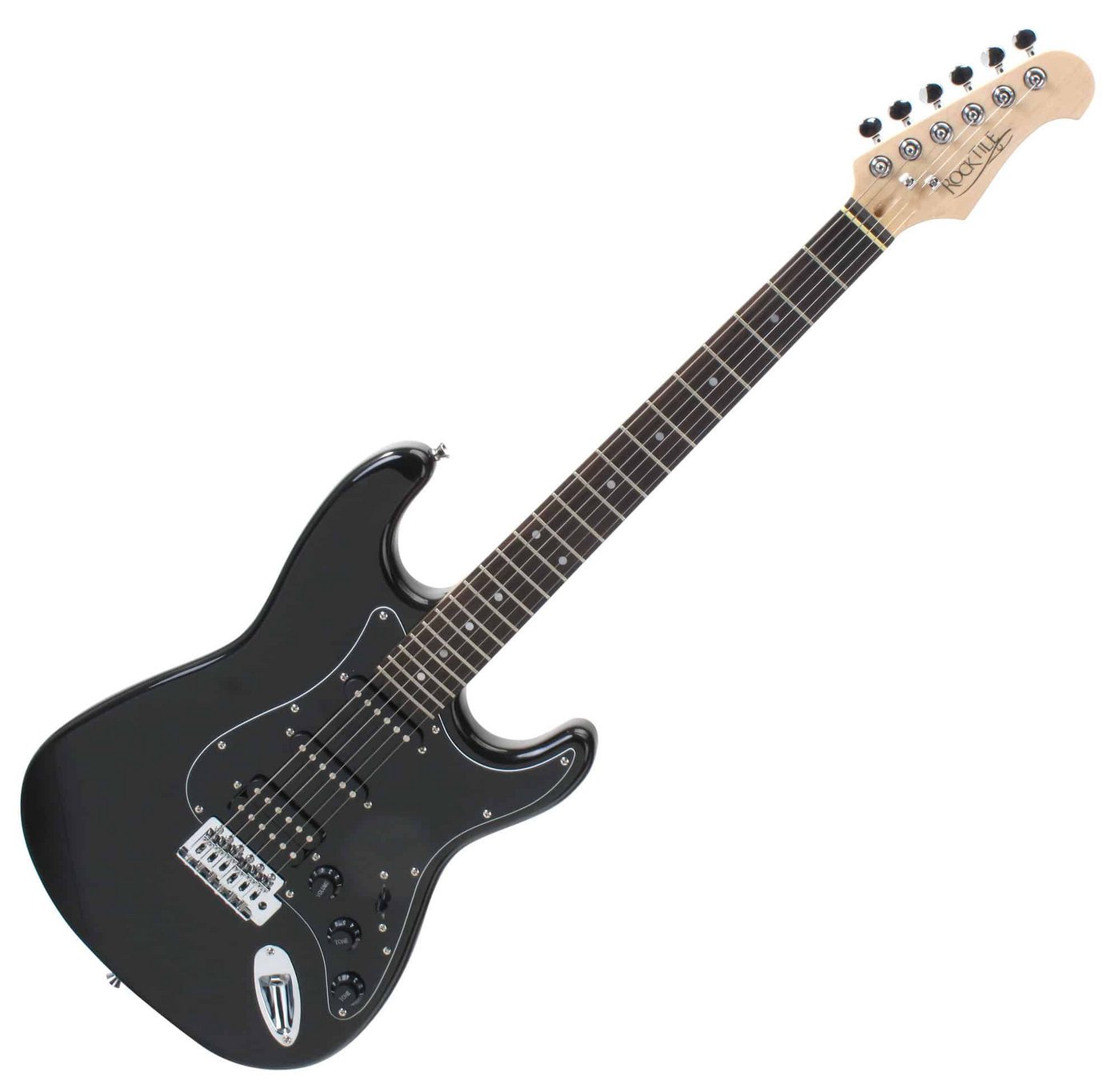 Rocktile E-Gitarre Pro ST60-BK All Black Super Kit, Kapodaster, Clip-Tuner und Plektren im Spar-Set, mit Gitarrenverstärker, Gitarrenständer und Gitarrengurt – Bild 3 von 5