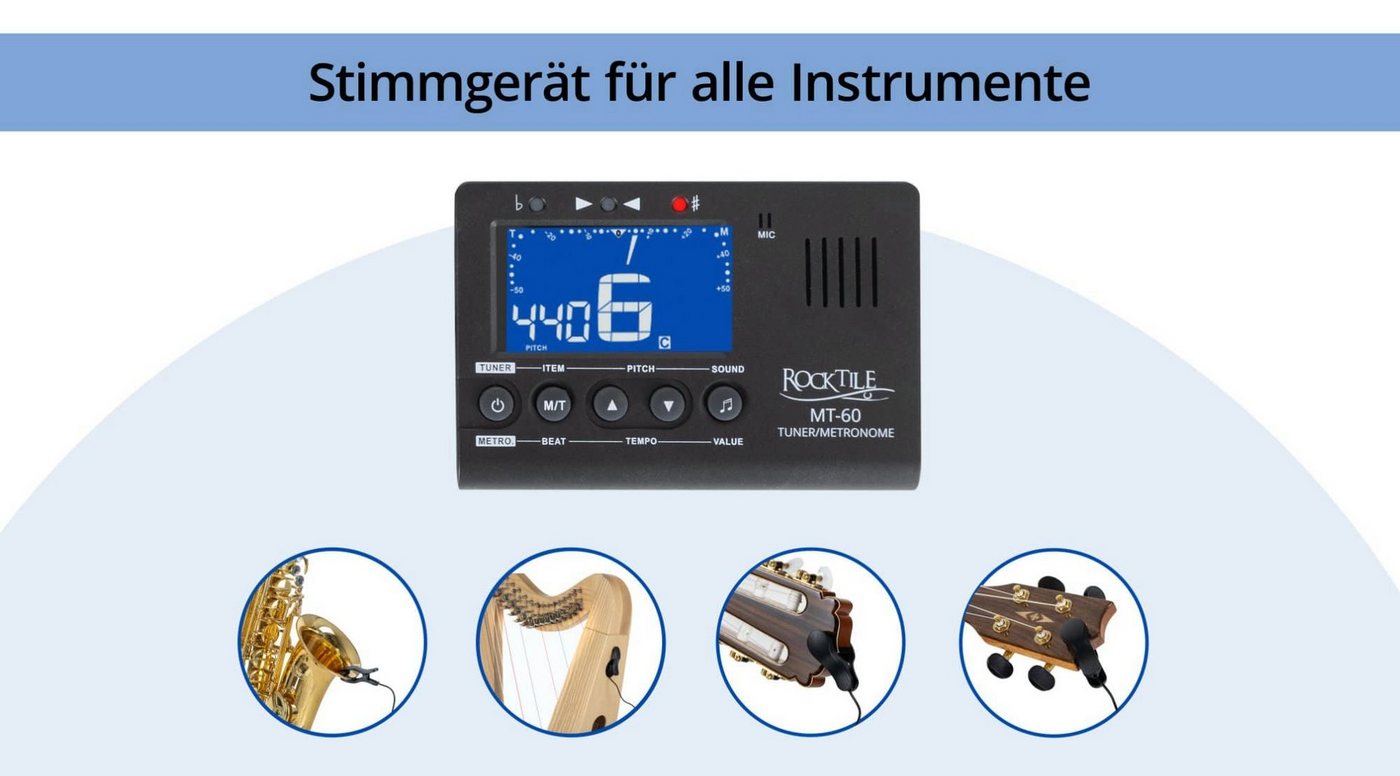 Rocktile Metronom MT-60 Metro-Tuner - Stimmgerät, (3-tlg., mit Mikrofon und Piezo-Sensor), für alle Instrumente geeignet - 5 Stimmmodi – Bild 2 von 5
