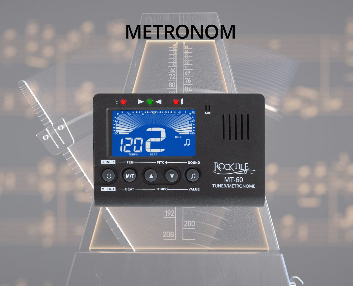 Rocktile Metronom MT-60 Metro-Tuner - Stimmgerät, (3-tlg., mit Mikrofon und Piezo-Sensor), für alle Instrumente geeignet - 5 Stimmmodi – Bild 5 von 5
