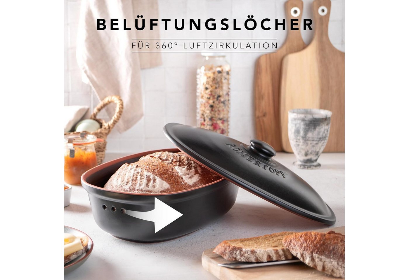 RÖMERTOPF Römertopf Brottopf oval MEDI 2,3 Liter - Keramik Brotkasten, (Set), aus Naturton – Bild 4 von 5