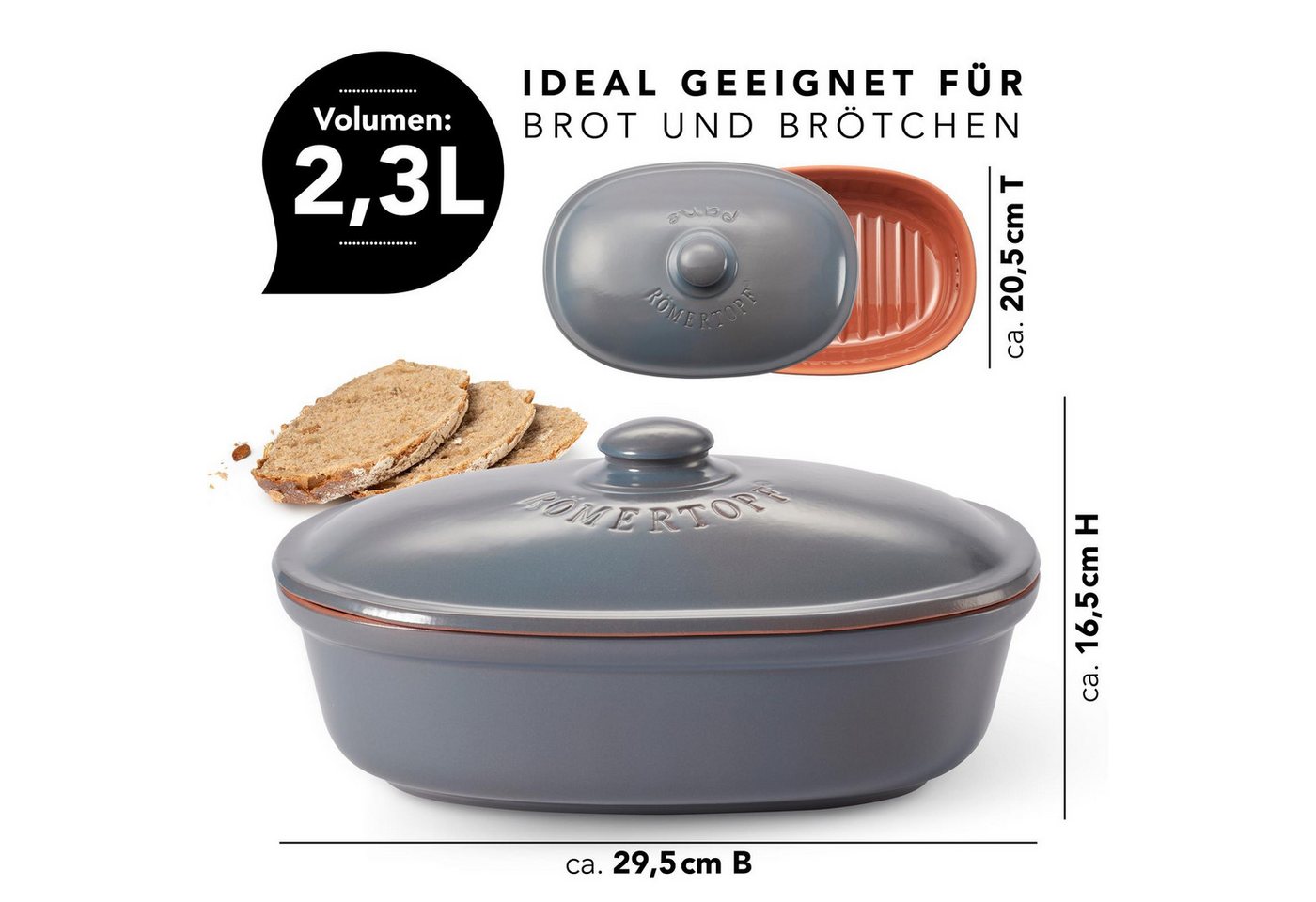 RÖMERTOPF Römertopf Brottopf oval MEDI 2,3 Liter - Keramik Brotkasten, (Set), aus Naturton – Bild 4 von 5