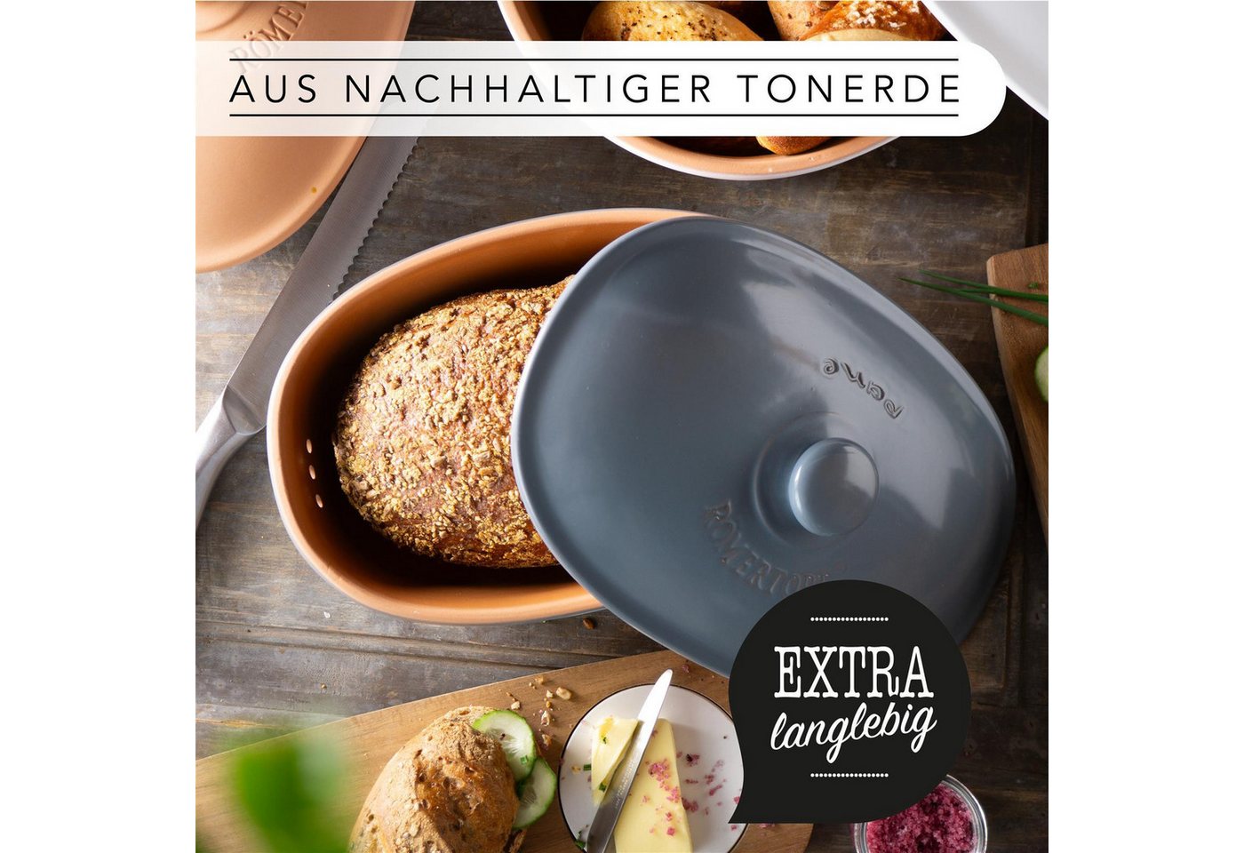 RÖMERTOPF Römertopf Brottopf oval MEDI 2,3 Liter - Keramik Brotkasten, (Set), aus Naturton – Bild 5 von 5