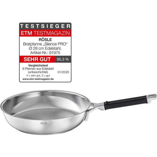 RÖSLE Bratpfanne SILENCE PRO, Edelstahl 18/10 (1-tlg), Universalpfanne, spülmaschinen- und induktionsgeeignet, 28 cm