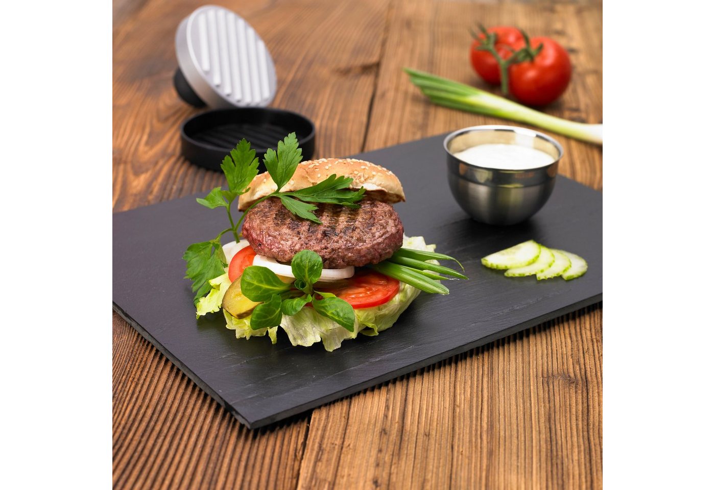 RÖSLE Burgerpresse 25082, Aluminiumguss, Kunststoff, Fleischpresse zum einfachen Formen von Burgerpatties, Ø 11 cm – Bild 2 von 5