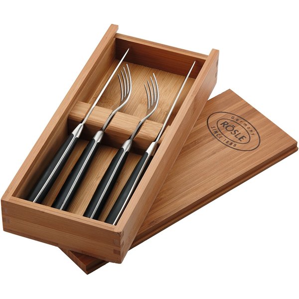 RÖSLE Steakbesteck (4-tlg), 2 Personen, Edelstahl, Kunststoff, Set mit 2 Steakmessern und 2 Steakgabeln, inkl. praktischer Holzbox
