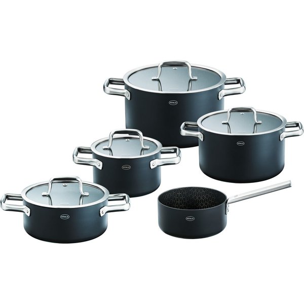 RÖSLE Topf-Set EBONIC 9-tlg. Topfset, ProNero, Aluminium, Edelstahl (Set, 9-tlg., 3 Kochtöpfe mit Deckel, 1 Bratentopf mit Deckel, 1 Stielkasserolle), für alle 