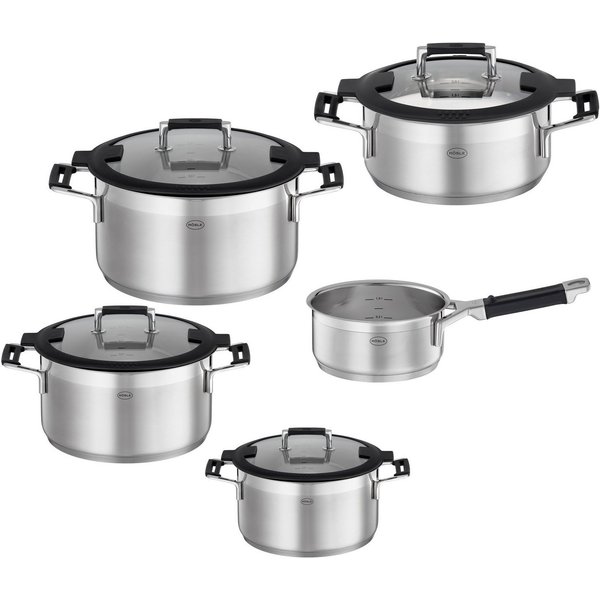 RÖSLE Topf-Set SILENCE PRO, Edelstahl 18/10 (Set, 5-tlg., 1 Kochtopf Ø 16/20/24 cm, 1 Bratentopf Ø 20 cm, 1 Kasserolle Ø 16 cm), Innenskalierung und Schüttrand,
