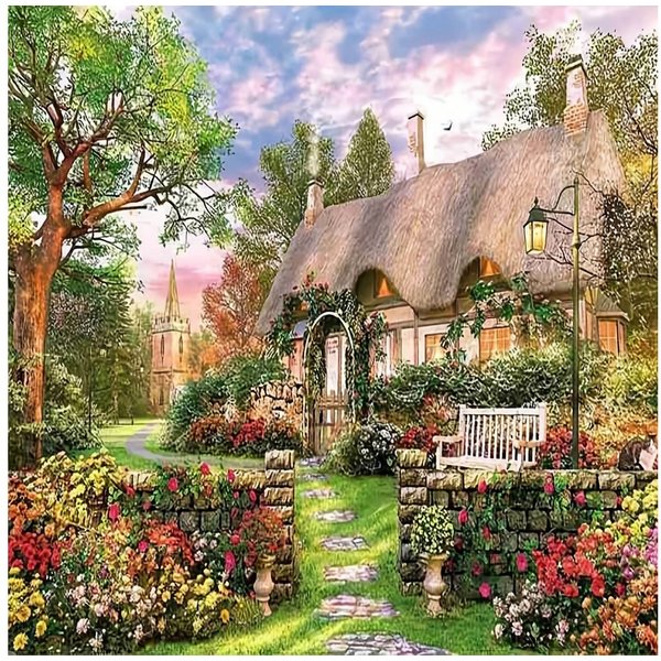 Rötting Design Malen nach Zahlen Diamond Painting Set 5D DIY Motiv Landhaus im Blumengarten (Komplett-Set), Diamond Painting Vollbild, Lieferung enthält alle Ut