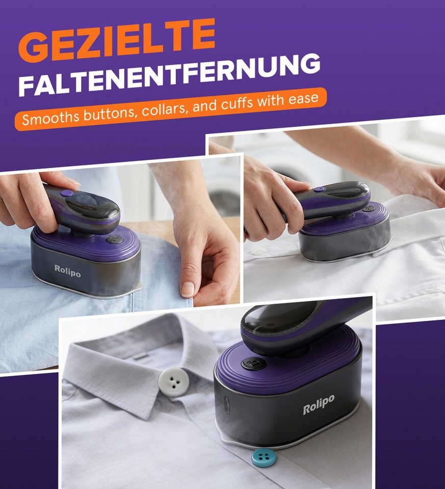 Rolipo Dampfglätter Dampfbürste, Steamer 110 ml Wassertanks, 20S Schnelles Aufheizen, 1200 W, 20g/min Starke Dampfleistung, Reisebügeleisen, LED Display – Bild 3 von 5