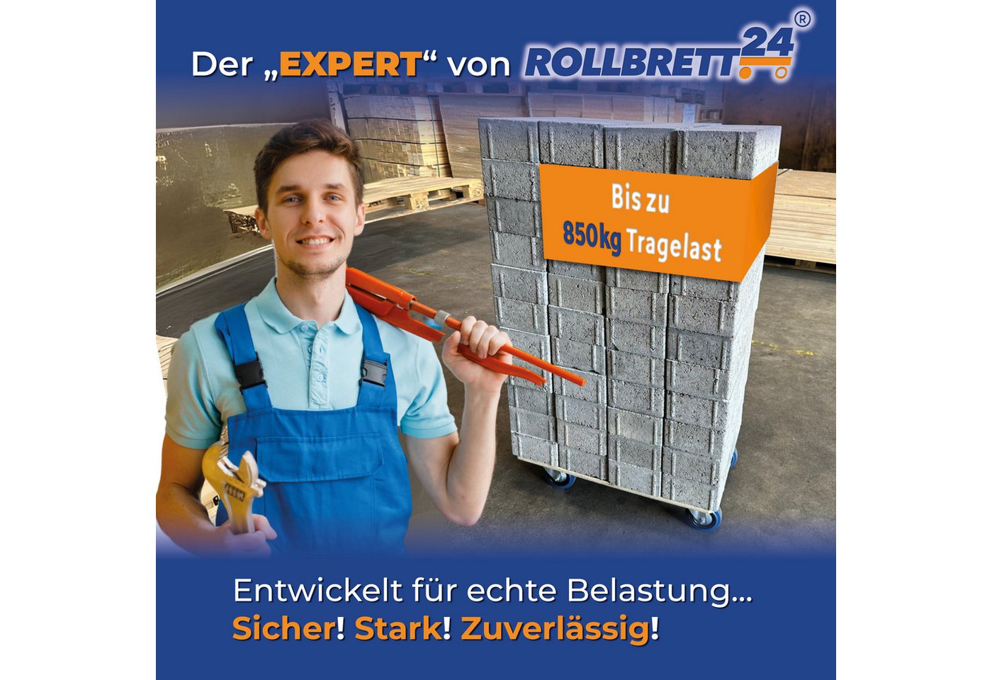Rollbrett24 Transportroller Rollbrett 60x40cm mit Siebdruckplatte 850kg Tragkraft - 360° Rollen, (Rollbrett), Hohe Tragkraft bis 850 kg leise Rollen für Umzug u – Bild 2 von 5