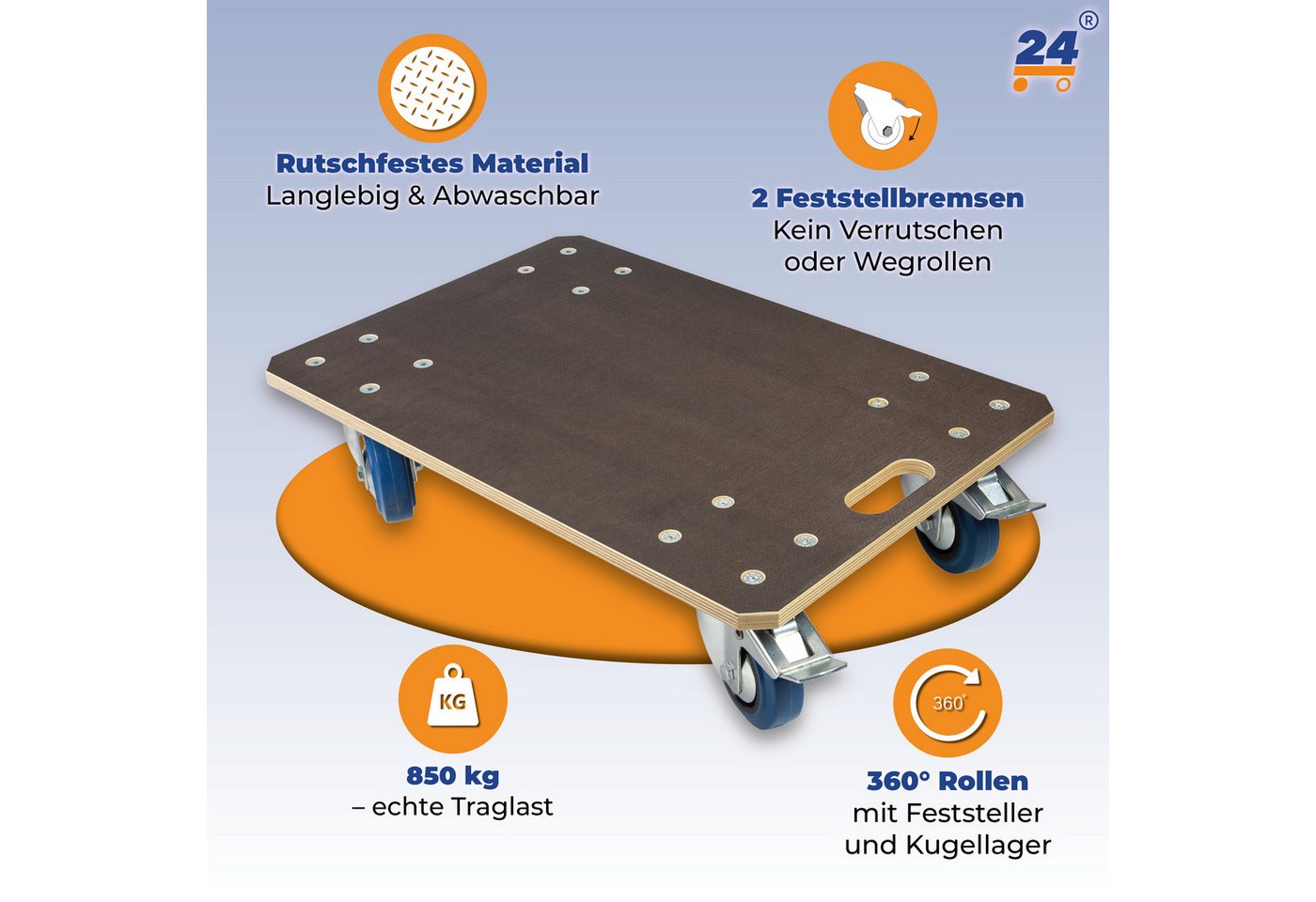 Rollbrett24 Transportroller Rollbrett 60x40cm mit Siebdruckplatte 850kg Tragkraft - 360° Rollen, (Rollbrett), Hohe Tragkraft bis 850 kg leise Rollen für Umzug u – Bild 3 von 5