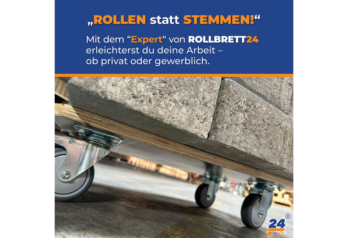 Rollbrett24 Transportroller Rollbrett 60x40cm mit Siebdruckplatte 850kg Tragkraft - 360° Rollen, (Rollbrett), Hohe Tragkraft bis 850 kg leise Rollen für Umzug u – Bild 4 von 5