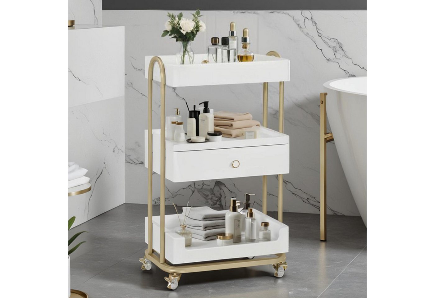 Barberpub Rollwagen BarberPub Servierwagen mit Rollen & Schublade, Rollwagen 0093, Salon Trolley mit 3 Ablagen, Moderner Arbeitswagen – Bild 2 von 5