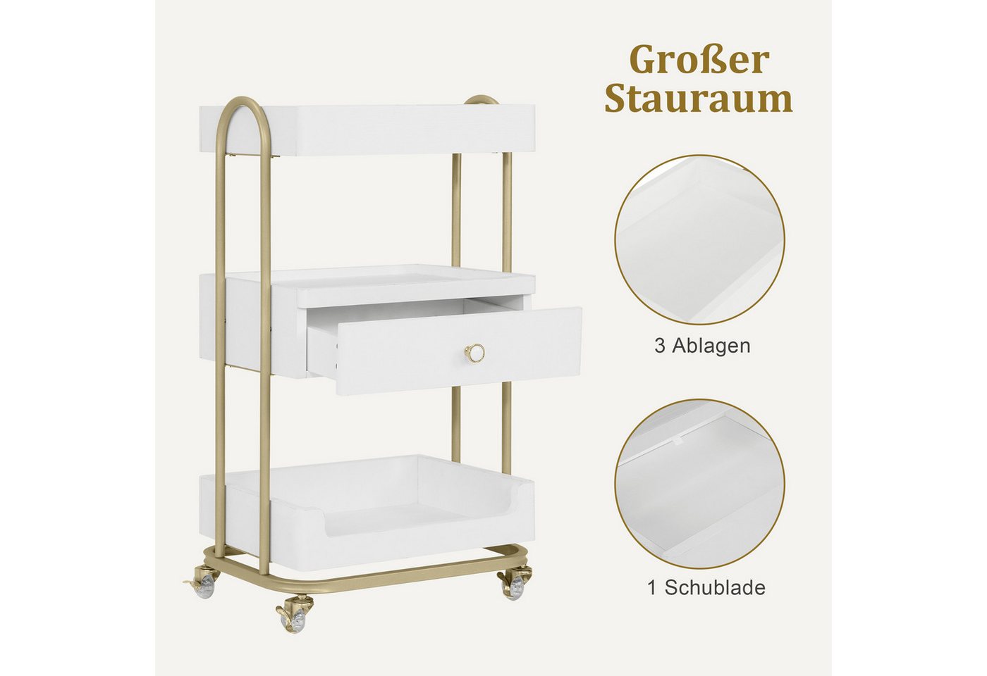 Barberpub Rollwagen BarberPub Servierwagen mit Rollen & Schublade, Rollwagen 0093, Salon Trolley mit 3 Ablagen, Moderner Arbeitswagen – Bild 4 von 5