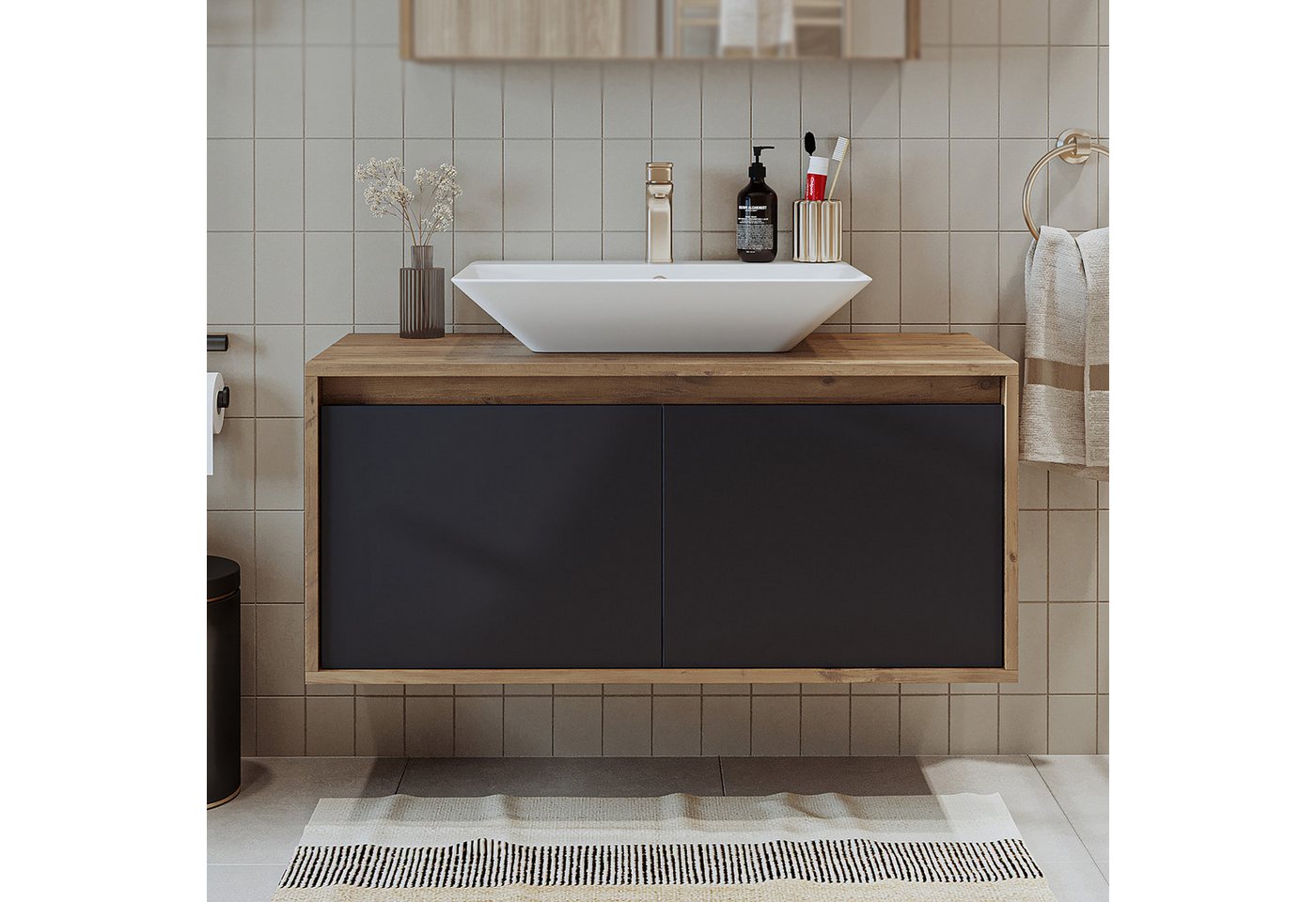 Roomart Badmöbel-Set ATLANTIC 100 cm, 5 Farben, opt. Keramik-Aufsatzbecken, Soft-Close, (Badezimmermöbel ATLANTIC 100cm in 5 Farben Waschtisch Unterschrank) – Bild 2 von 5
