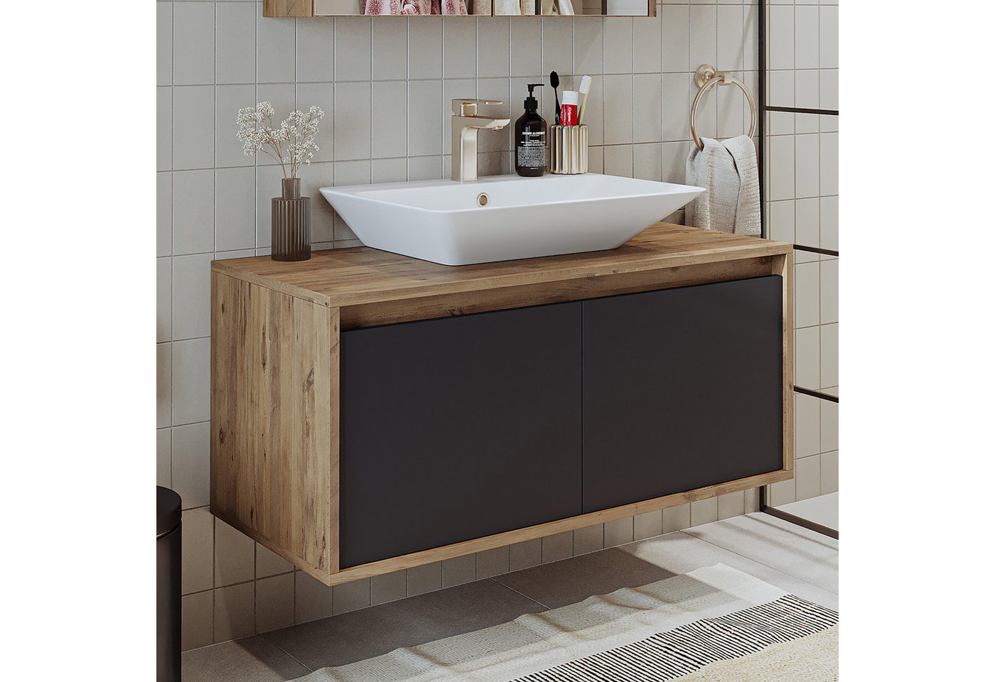 Roomart Badmöbel-Set ATLANTIC 100 cm, 5 Farben, opt. Keramik-Aufsatzbecken, Soft-Close, (Badezimmermöbel ATLANTIC 100cm in 5 Farben Waschtisch Unterschrank) – Bild 3 von 5