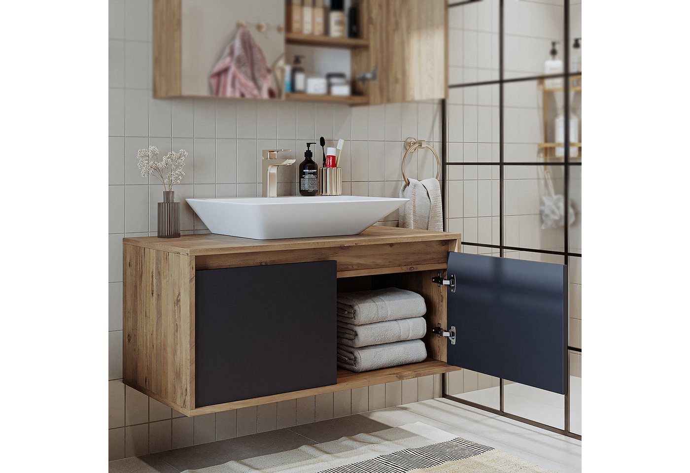 Roomart Badmöbel-Set ATLANTIC 100 cm, 5 Farben, opt. Keramik-Aufsatzbecken, Soft-Close, (Badezimmermöbel ATLANTIC 100cm in 5 Farben Waschtisch Unterschrank) – Bild 5 von 5