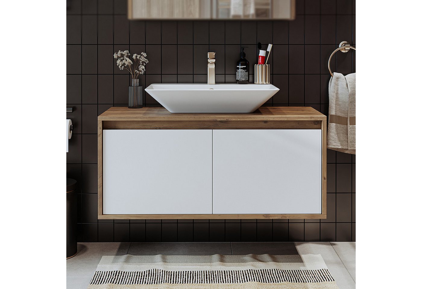 Roomart Badmöbel-Set ATLANTIC 100 cm, 5 Farben, opt. Keramik-Aufsatzbecken, Soft-Close, (Badezimmermöbel ATLANTIC 100cm in 5 Farben Unterschrank Waschbecken) – Bild 2 von 5